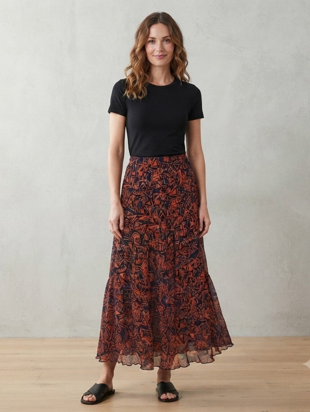 Ruby Rd. Women's Black/Orange Geometric Patterned Pleated Ruffle Maxi Skirt Sz 8